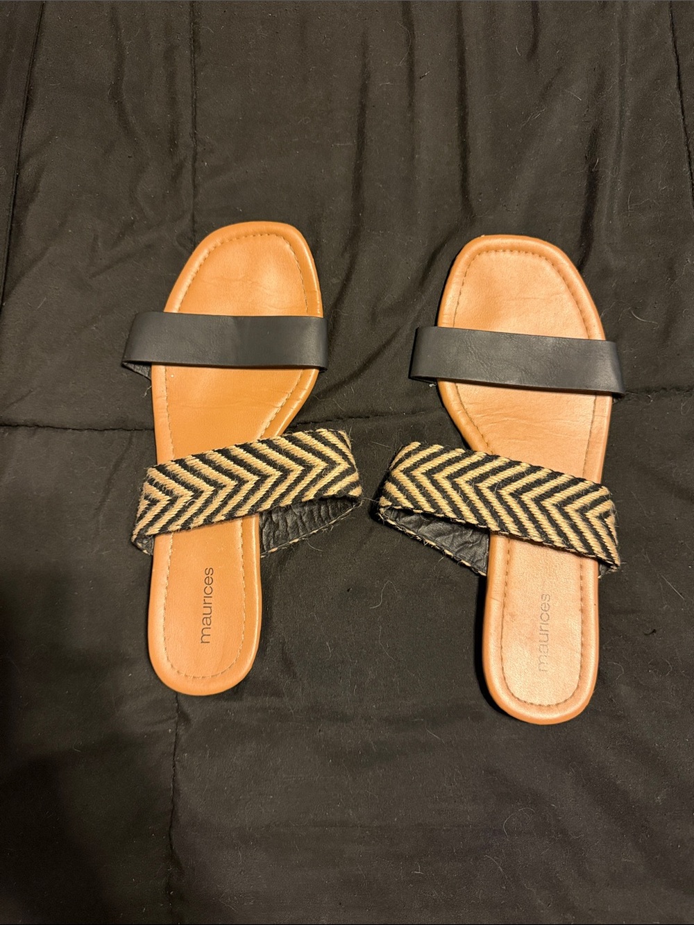 Maurices Black and Tan Chevron Strap Slide Sandals